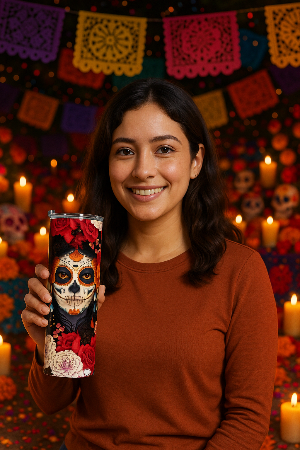 Midnight Catrina Floral Skull Tumbler – 20 oz Skinny
