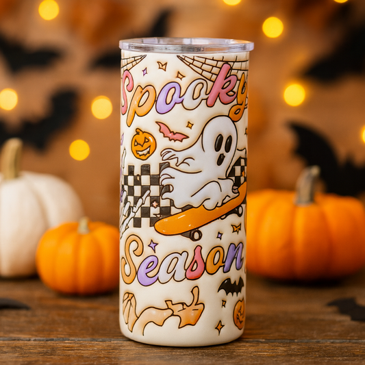 Spooky Season Skate-Ghost Tumbler – 20 oz Skinny