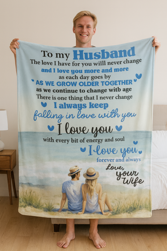 To My Husband - love your wife- blue beach- Blanket