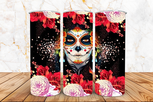 Midnight Catrina Floral Skull Tumbler – 20 oz Skinny
